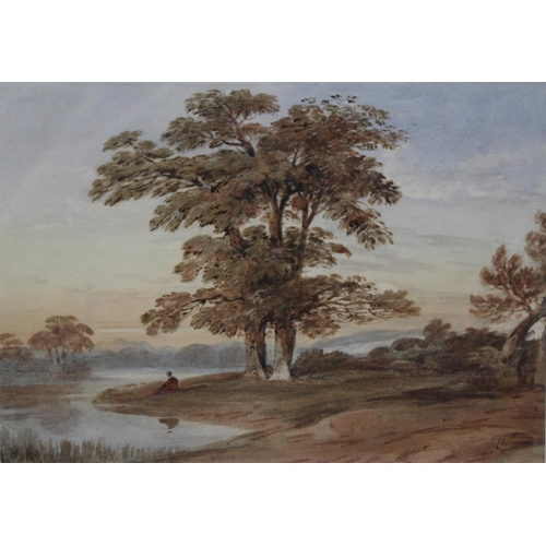 167 - Anthony Vandyke Copley Fielding Pows, Framed Watercolour, Figure Beside Tree in River Landscape, 28x... 