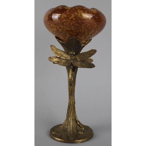 21 - A Modern Brass and Ceramic Dragonfly Handled Vase with Wavy Rim, 25cms High