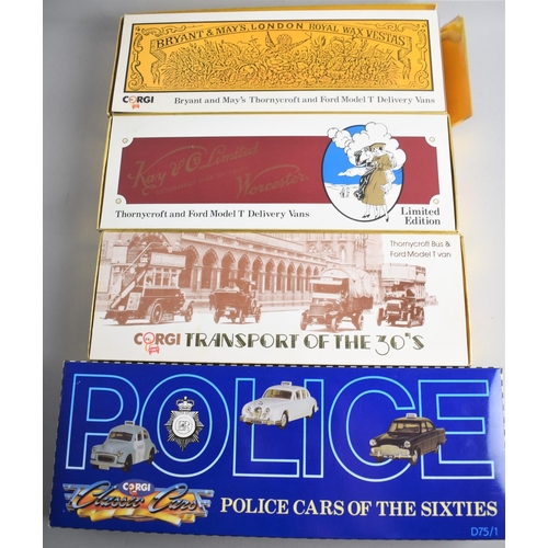 217 - A Collection of Four Boxed Corgi Diecast Sets, Police Cars, Transport of the 30s and Thornycroft and... 