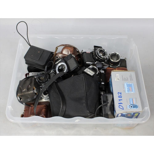 229 - A Box Containing Various Vintage Camera Bodies, Cases and Other Photographic Equipment