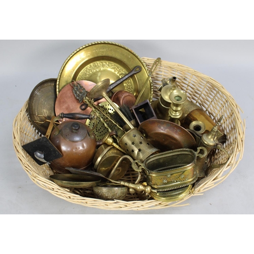 236 - A Wicker Basket Containing Various Items of Copper and Brass