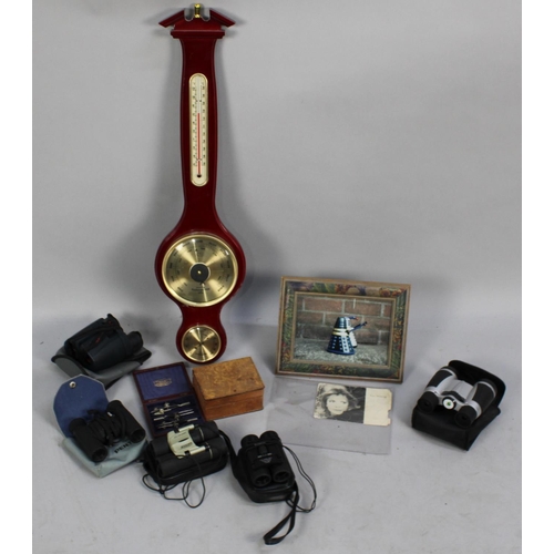 247 - A Collection of Various Sundries to include Modern Wall Barometer, Cameras and Binoculars Etc