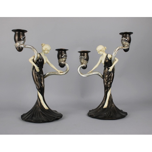 28 - A Pair of Reproduction Art Deco Figural Two Branch Candelabra, 29cms High