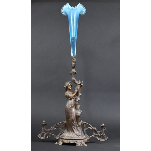 29 - An Art Nouveau Bronzed Spelter Figural Epergne Stand with Unrelated Blue Glass Trumpet, Missing Side... 