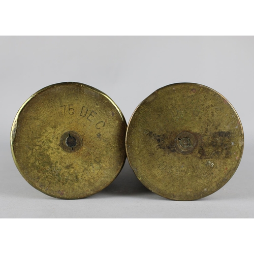 30 - A Pair of Trench Art Brass Shell Cases Decorated in Relief with Roses, 23cms High