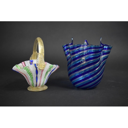 395 - A Latticinio Glass Basket Together with a Italian Glass Tri Tone Swirl Handkerchief Vase, 13.5cm hig... 