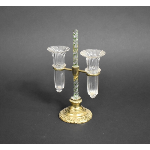 43 - A Late Victorian Two Trumpet Epergne in Gilt Metal with Green and plain Glass Barley Sugar Twist Sup... 