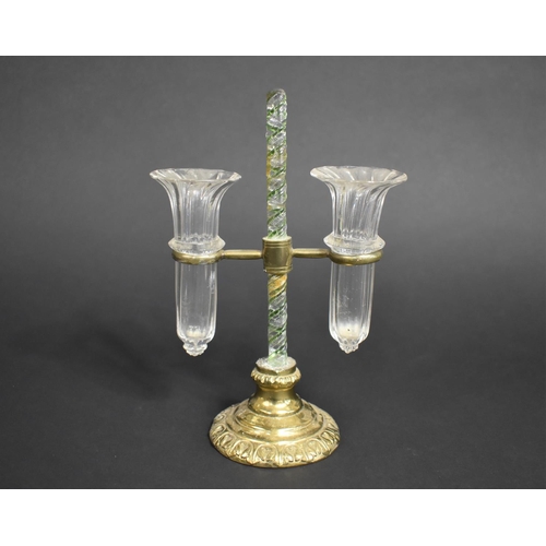 43 - A Late Victorian Two Trumpet Epergne in Gilt Metal with Green and plain Glass Barley Sugar Twist Sup... 