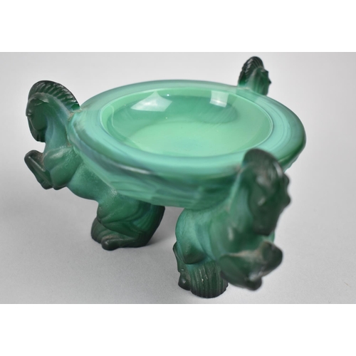 45 - A Vintage Czechoslovakian Green Malachite Glass Bowl with Three Rearing Horse Supports, 10cms Diamet... 