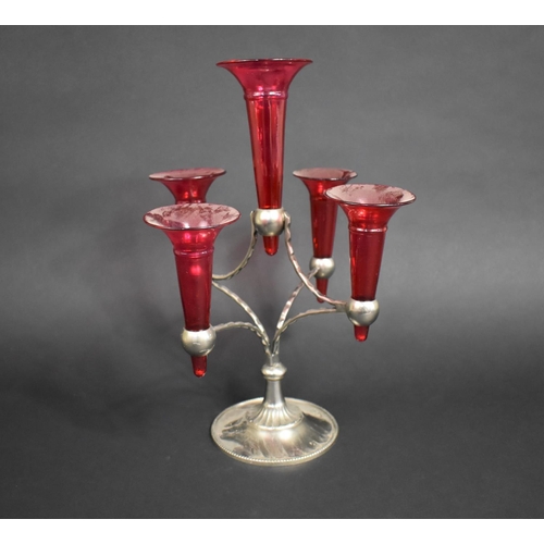 48 - An Edwardian Silver plated and Ruby Glass Five Trumpet Epergne, 36cms High