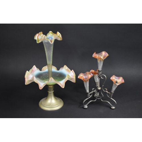 50 - An Edwardian Four Branch Silver Plate and Glass Epergne, 31cms High together with a Similar Single E... 