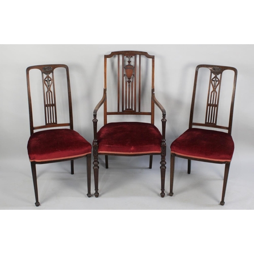 547 - An Edwardian Mahogany Framed Armchair and a Pair of Side Chairs