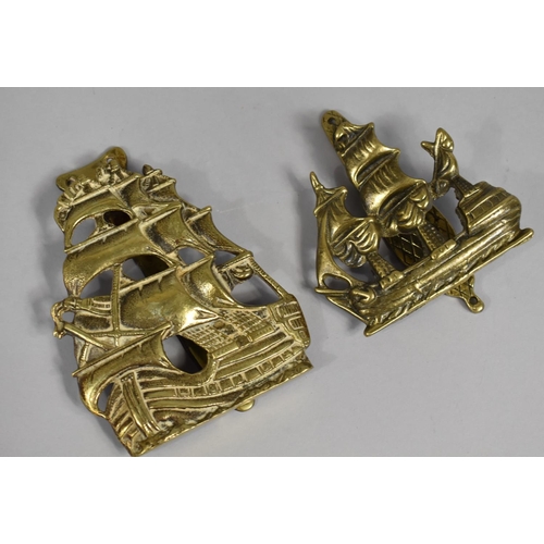 67 - Two Novelty Brass Vintage Door Knockers in the Form of Tall Ships, Tallest 15cms High