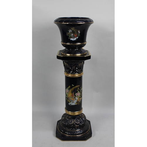 71 - A Modern Continental Cobalt Blue Glazed Jardiniere on Stand with Pheasant Decoration and Gilt Highli... 