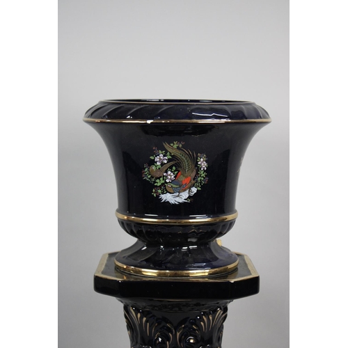 71 - A Modern Continental Cobalt Blue Glazed Jardiniere on Stand with Pheasant Decoration and Gilt Highli... 