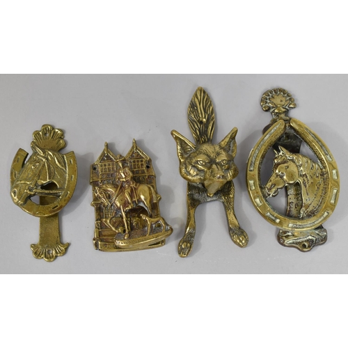 75 - A Collection of Four Various Vintage Brass Door Knockers, Fox 15cms High