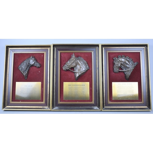 93 - A Set of Three Framed Story Line Sculptures of Horses, Each 38x28cms