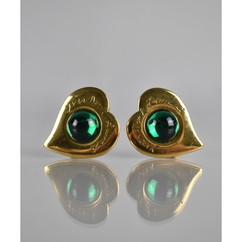 174 - A Pair of Large Vintage Yves Saint Laurent Gold Tone and Green Glass Cabochon Clip on Earrings, Sign... 