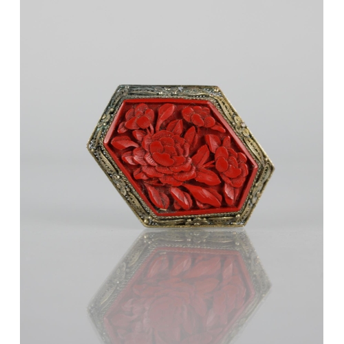 194 - A White Metal Filigree Mounted Cinnabar Lacquer Oriental Brooch, Central Asymmetric Lozenge Panel de... 