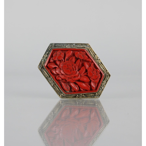 194 - A White Metal Filigree Mounted Cinnabar Lacquer Oriental Brooch, Central Asymmetric Lozenge Panel de... 