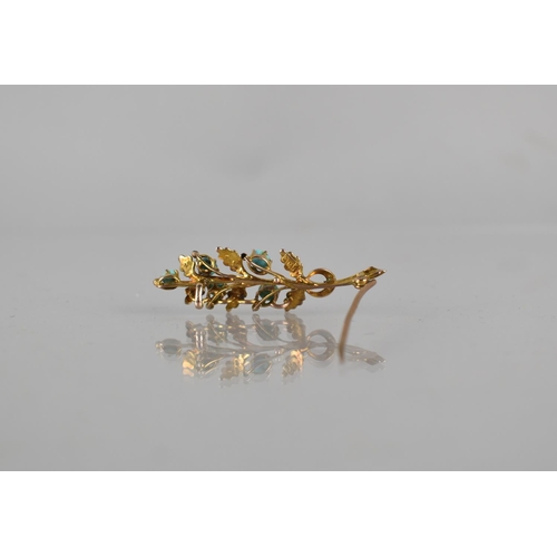 123 - A Late 19th/Early 20th Century 9ct Gold, Turquoise and Seed Pearl Brooch, Sprig of Leaves with Berri... 