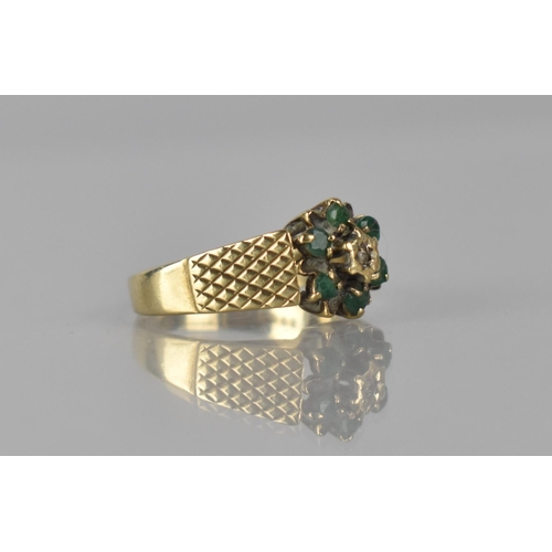 53 - A 9ct Gold, Emerald and Diamond Cluster Ladies Dress Ring, Central Raised Small Round Cut Diamond, I... 