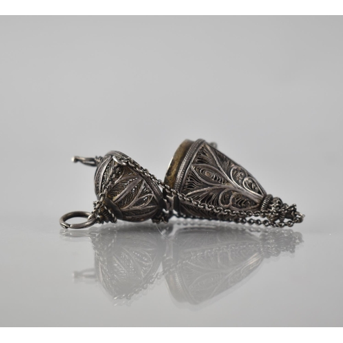 219 - A 19th Century Eastern White Metal Filigree Perfume/Incense Pendant, Elongated Ovoid Form with Hinge... 