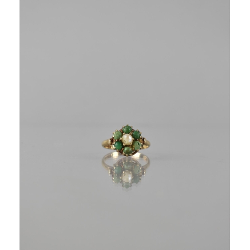 74 - A 9ct Gold, Turquoise and Pearl Daisy Cluster Ring, Central Ivory Coloured Pearl Raised in Six Claw ... 