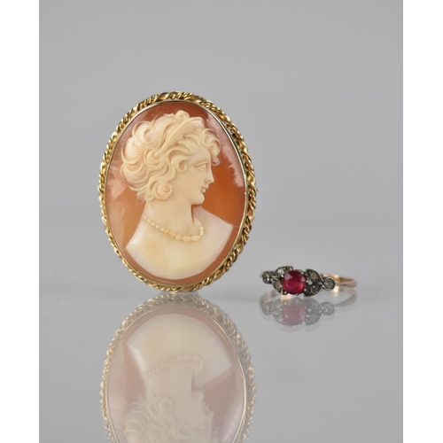 147 - A Vintage 9ct Gold Mounted Shell Cameo, Carved Maiden with Necklace in Rubover Setting to a Twisted ... 