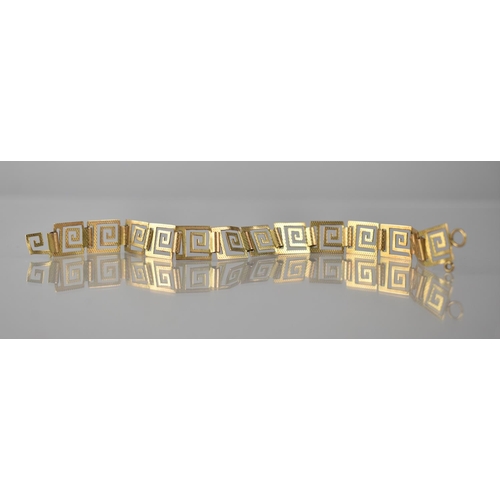 255 - A 14ct Gold Greek Key Bracelet, 13 Textured Square Panels, 17cms Long, 7.5gms, Clasp AF