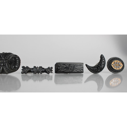 264 - A Collection of Five Victorian and Later Jet Brooches together with Two Black Glass Examples, Larges... 