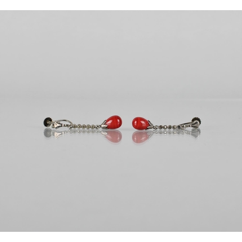 280 - A Pair of Continental Art Deco Silver, Marcasite and Red Glass Continental Earrings, Tear Shaped Gla... 