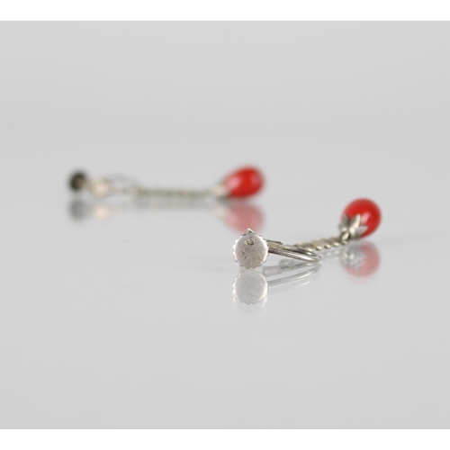 280 - A Pair of Continental Art Deco Silver, Marcasite and Red Glass Continental Earrings, Tear Shaped Gla... 