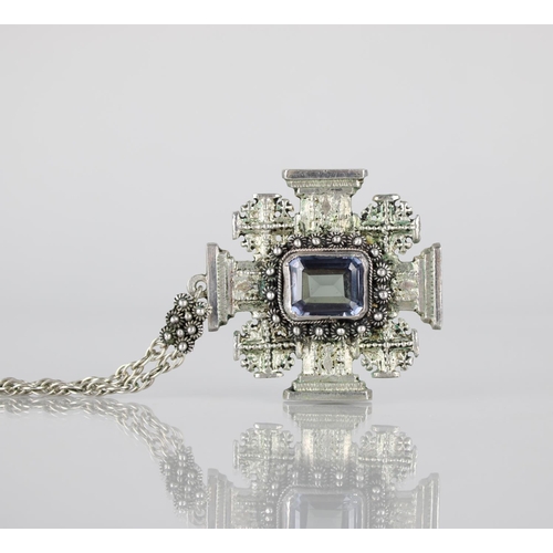 221 - An Interesting Cast White Metal Pendant, Jerusalem Cross with Central Emerald Cut Stone Measuring 19... 