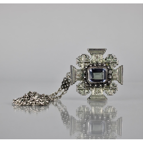 221 - An Interesting Cast White Metal Pendant, Jerusalem Cross with Central Emerald Cut Stone Measuring 19... 