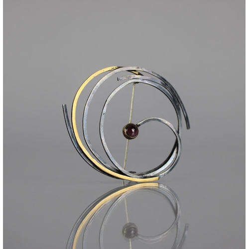 294 - An Interesting Modernist Silver, Gilt Metal and Cabochon Garnet Brooch, Central Circular Stone, Beze... 