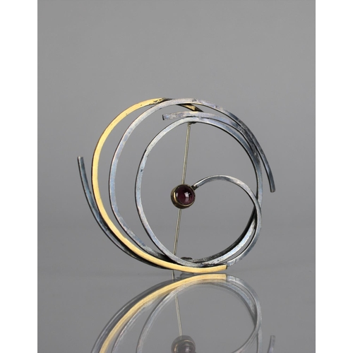 294 - An Interesting Modernist Silver, Gilt Metal and Cabochon Garnet Brooch, Central Circular Stone, Beze... 