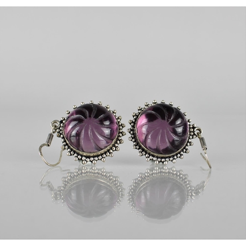 190 - A Pair of Eastern Carved Amethyst and Silver Earrings, Large Central Circular Cabochon 22mm Diameter... 