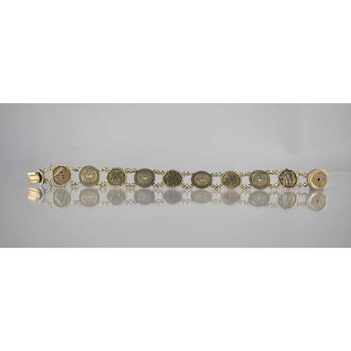 191 - A Gilt Metal 9 Panel Bracelet, Chinese Character and Tokens, Circular Panels Measuring 5mm Diameter,... 