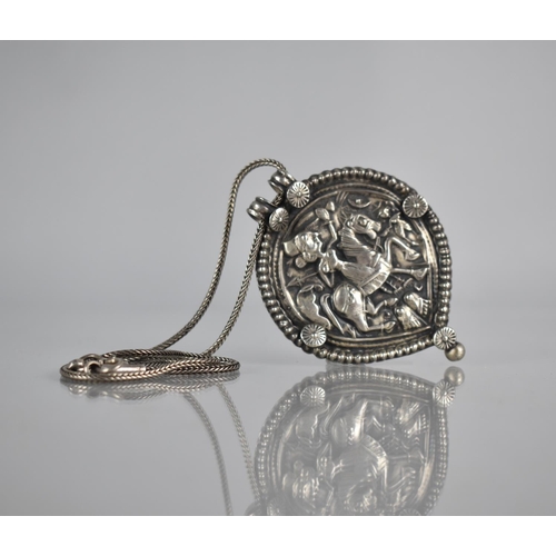 193 - A Large White Metal Indian Pendant on Chain, Embossed Decoration, Possibly Depicting Ashwarooda Devi... 