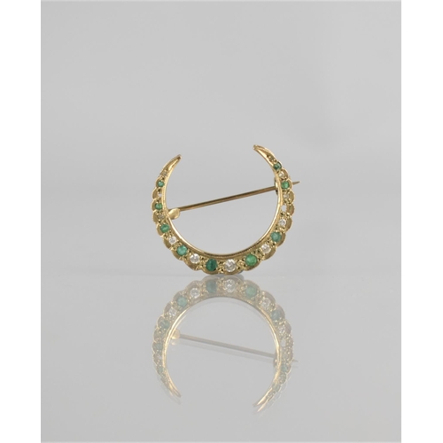 104 - A 9ct Gold, Emerald and Diamond Crescent Brooch, Central Old Round Cut Diamond Measuring Approx 2mm ... 