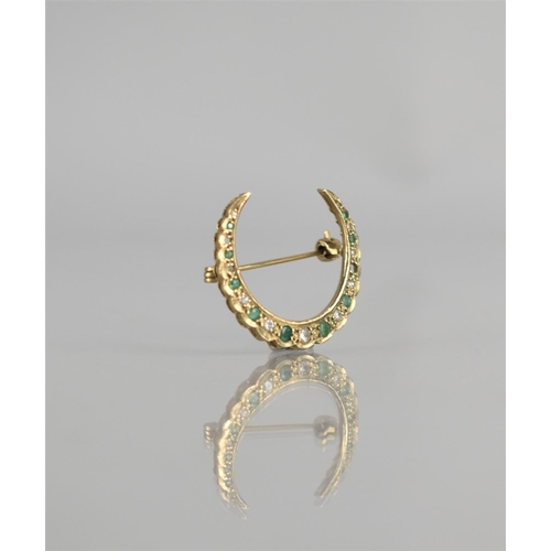 104 - A 9ct Gold, Emerald and Diamond Crescent Brooch, Central Old Round Cut Diamond Measuring Approx 2mm ... 