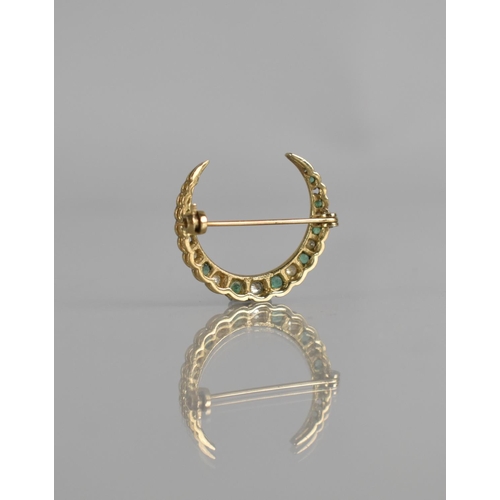 104 - A 9ct Gold, Emerald and Diamond Crescent Brooch, Central Old Round Cut Diamond Measuring Approx 2mm ... 