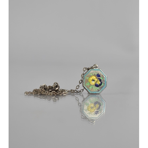 296 - A Small Octagonal Silver Enamelled Pendant on Chain, Pansies in Yellow and Purple, Green Foliage wit... 