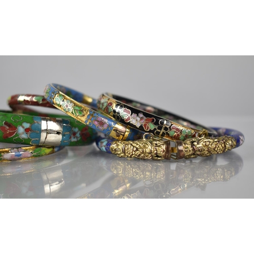 204 - A Collection of Six Vintage Cloisonne Hinged Bangles to include One having Dragon Terminals and Safe... 