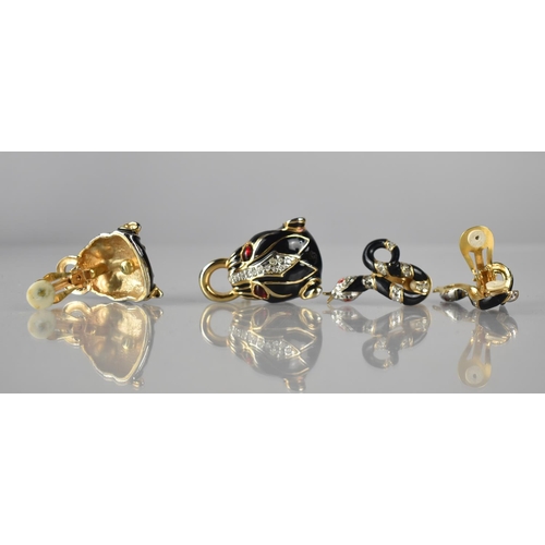 186 - Two Pairs of Vintage Clip On Earrings, Pierre Cardin Serpents, Gilt and Black Enamel together with U... 