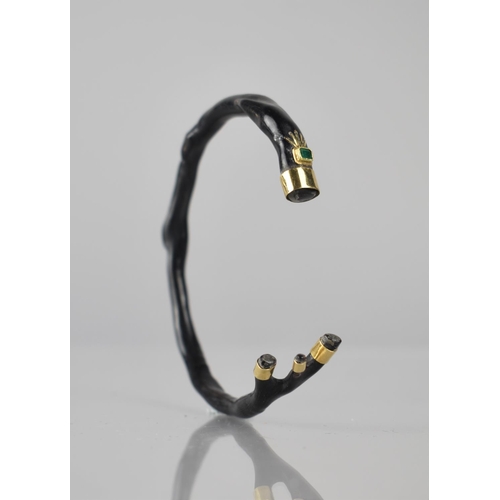 213 - A Black Coral Bangle/Cuff, Collared in Yellow Metal and Having Mounted Emerald Cut Green Stone Mount... 