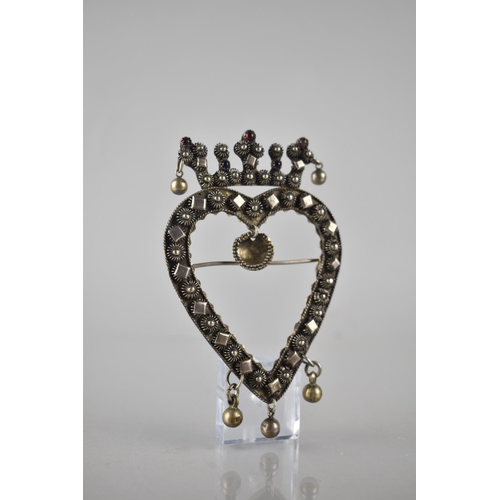 222 - A Large and Early White Metal Brooch, Crowned Heart, Crown with Cabochon Blue and Red Glass Jewelled... 