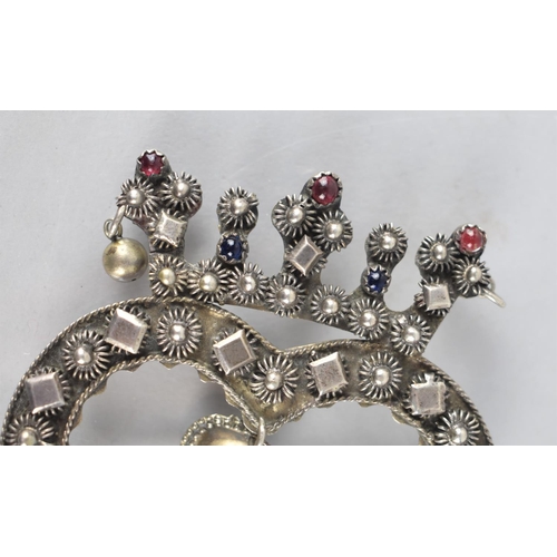 222 - A Large and Early White Metal Brooch, Crowned Heart, Crown with Cabochon Blue and Red Glass Jewelled... 