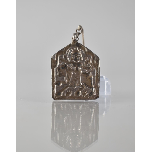 218 - A Hindu Brooch Depicting The Goddess Durga with Arms Aloft and Riding Lion, Pressed White Metal with... 